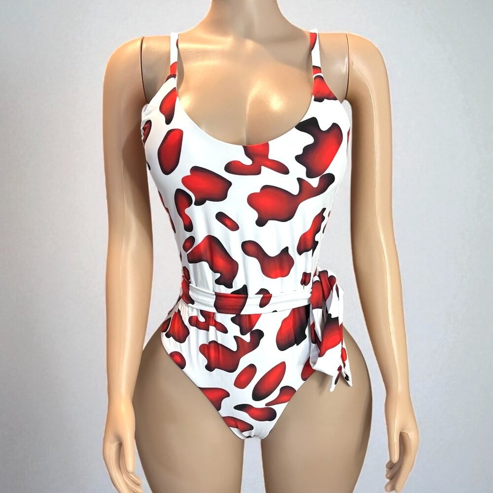 Red and White High Cut Women One-piece With Sash
